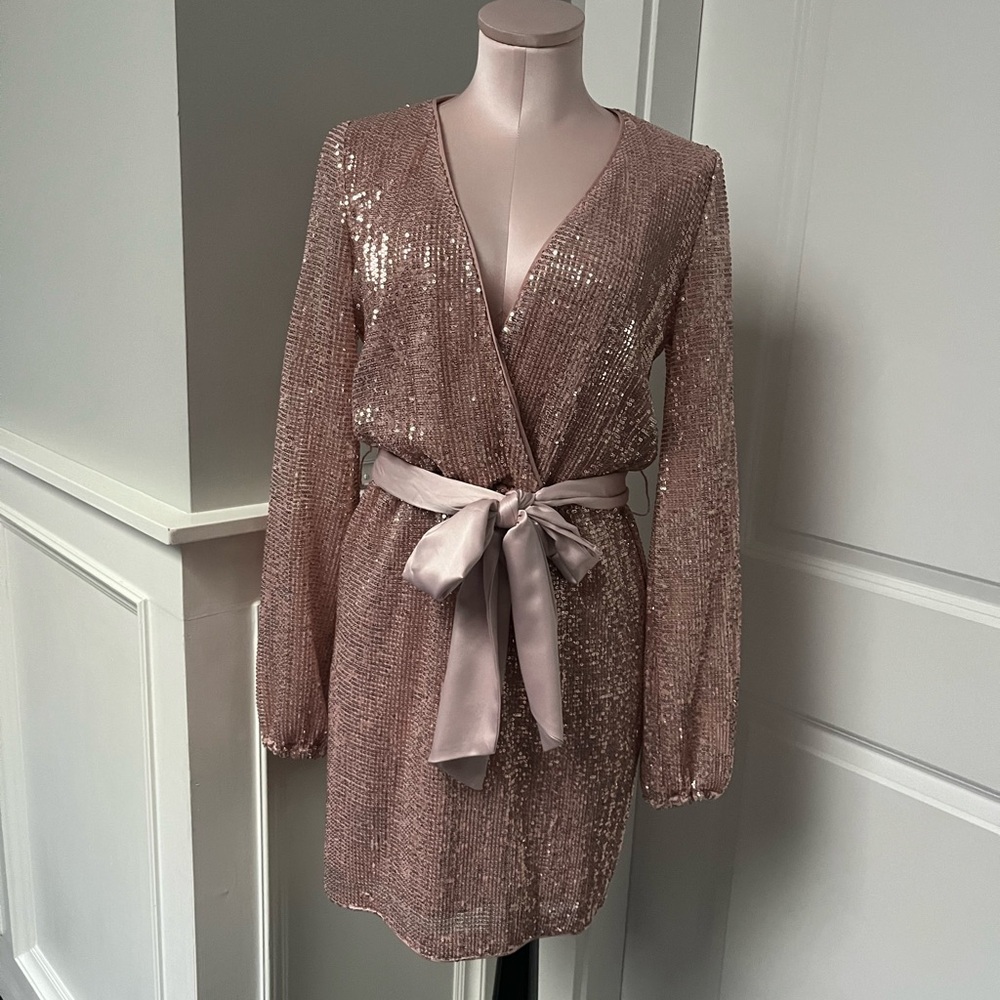 Forever New Shimmering Sequin Dress with Satin Accent NWT